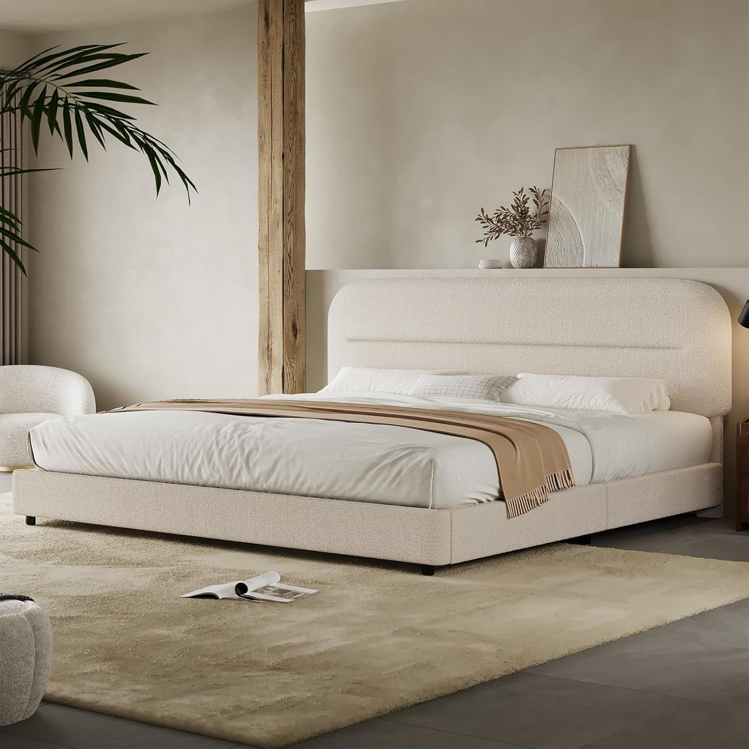 4 EVER WINNER Twin /Full/Queen/KIng Size Bed Frame, Upholstered Bed Frame with Headboard, No Box Spring Required, Easy AssemblyBEAX521-YHBYbed-CreamK
