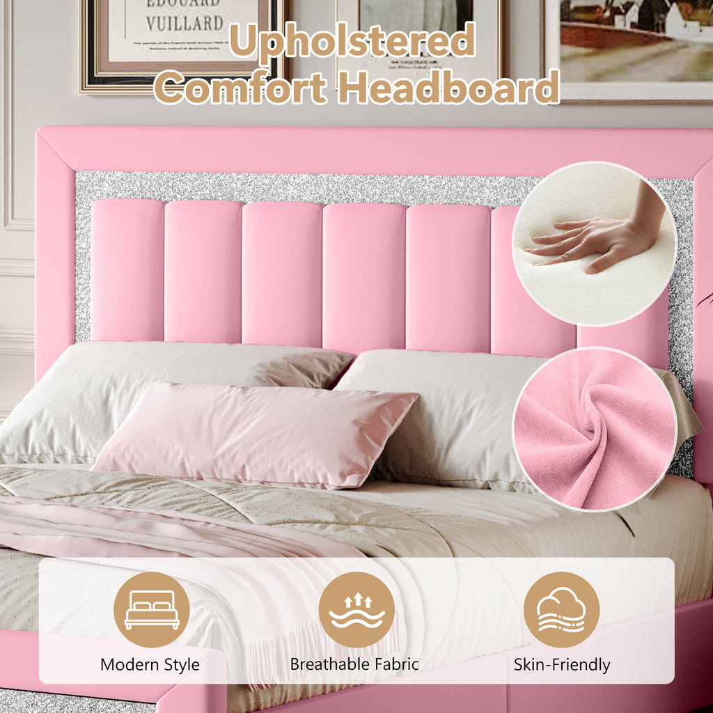 4 EVER WINNER Velvet Upholstered Platform Bed Frame with Diamond Headboard & Footboard, Twin/ Full/ Queen /King Size Bed Frame Wooden Slats Support No Box Spring Needed Easy Assembly, Black /White /Pink/ Blue /Green