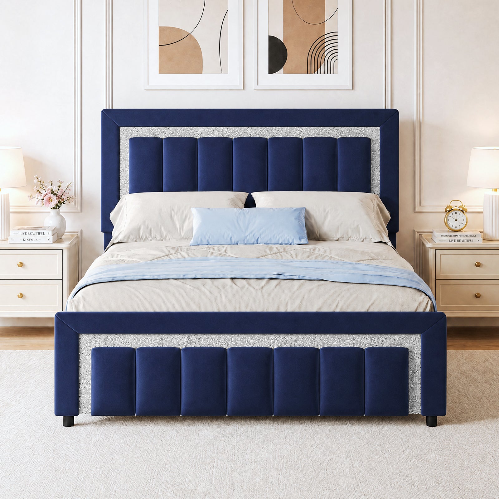 4 EVER WINNER Velvet Upholstered Platform Bed Frame with Diamond Headboard & Footboard, Twin/ Full/ Queen /King Size Bed Frame Wooden Slats Support No Box Spring Needed Easy Assembly, Black /White /Pink/ Blue /Green