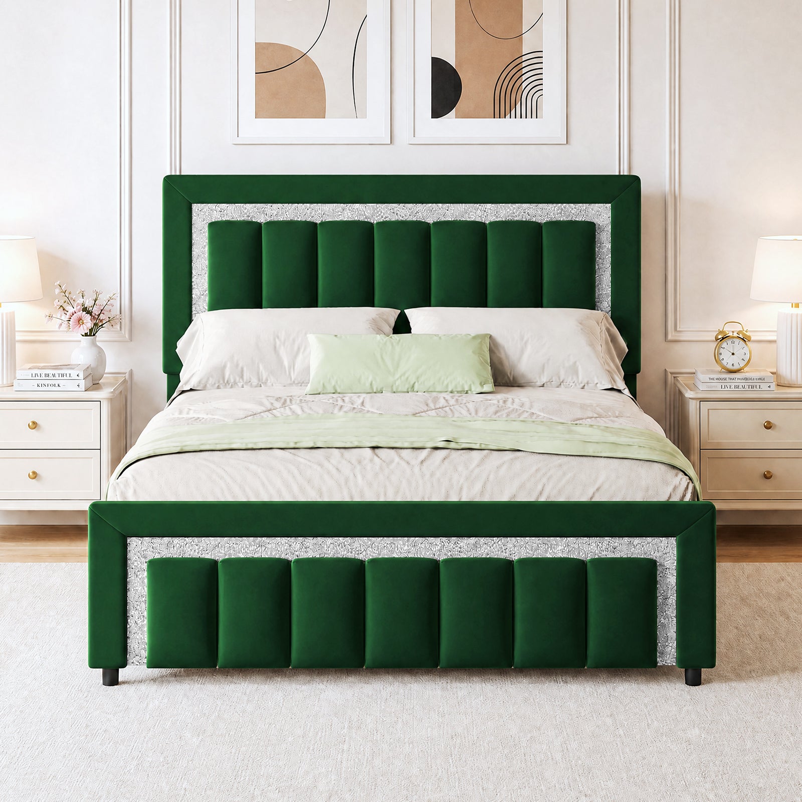 4 EVER WINNER Velvet Upholstered Platform Bed Frame with Diamond Headboard & Footboard, Twin/ Full/ Queen /King Size Bed Frame Wooden Slats Support No Box Spring Needed Easy Assembly, Black /White /Pink/ Blue /Green