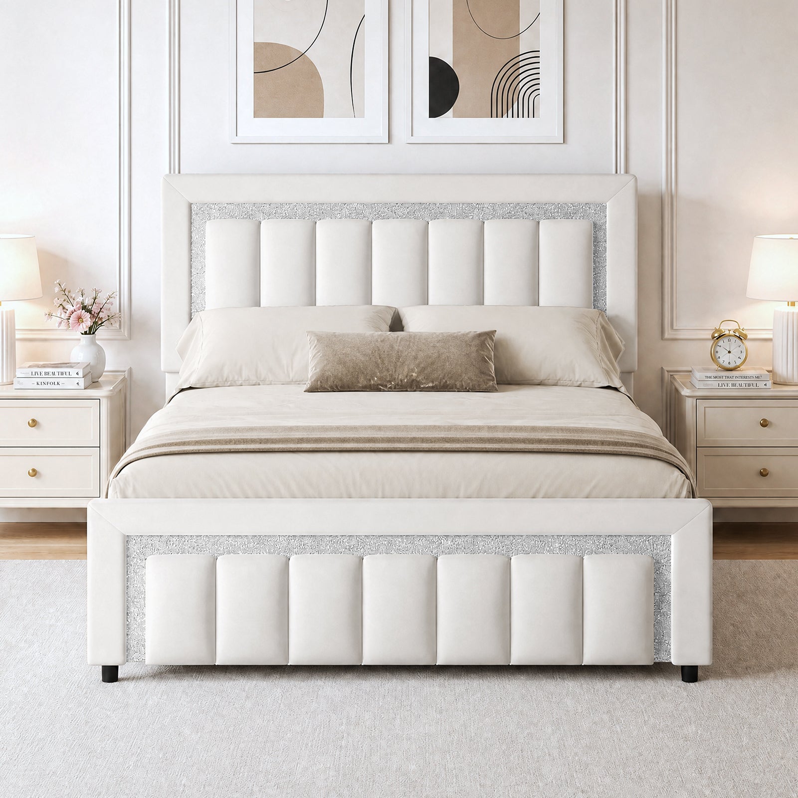 4 EVER WINNER Velvet Upholstered Platform Bed Frame with Diamond Headboard & Footboard, Twin/ Full/ Queen /King Size Bed Frame Wooden Slats Support No Box Spring Needed Easy Assembly, Black /White /Pink/ Blue /Green