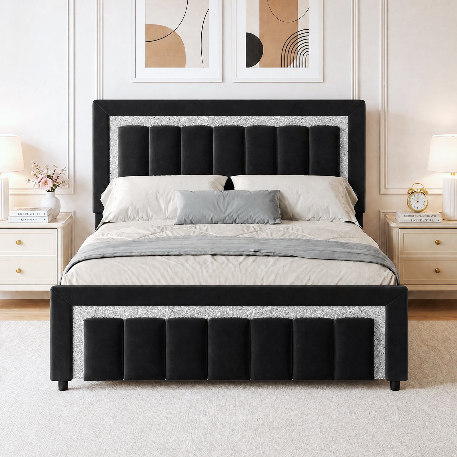 4 EVER WINNER Velvet Upholstered Platform Bed Frame with Diamond Headboard & Footboard, Twin/ Full/ Queen /King Size Bed Frame Wooden Slats Support No Box Spring Needed Easy Assembly, Black /White /Pink/ Blue /Green