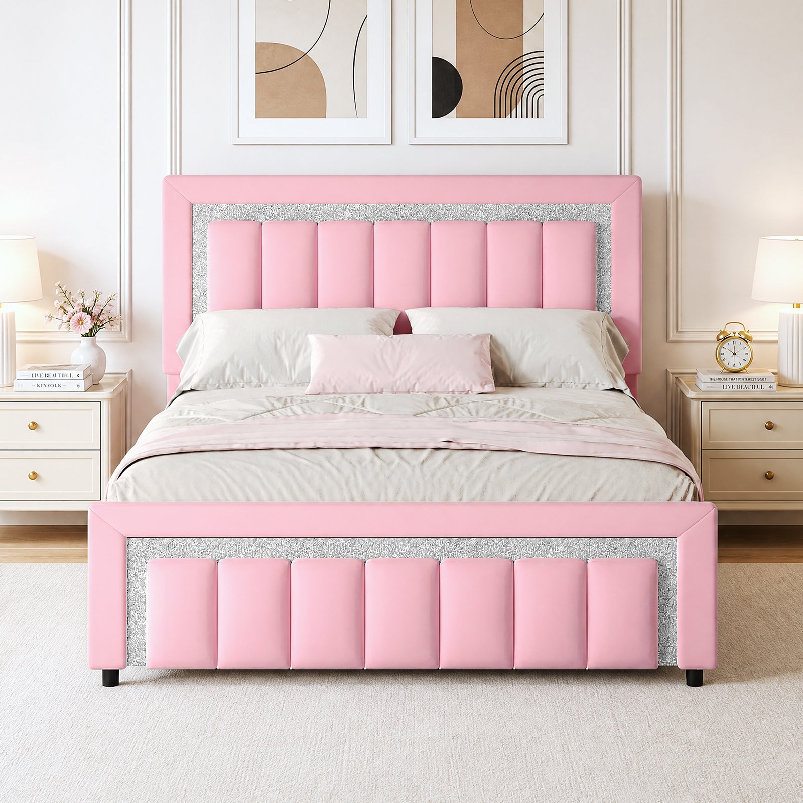 4 EVER WINNER Velvet Upholstered Platform Bed Frame with Diamond Headboard & Footboard, Twin/ Full/ Queen /King Size Bed Frame Wooden Slats Support No Box Spring Needed Easy Assembly, Black /White /Pink/ Blue /Green