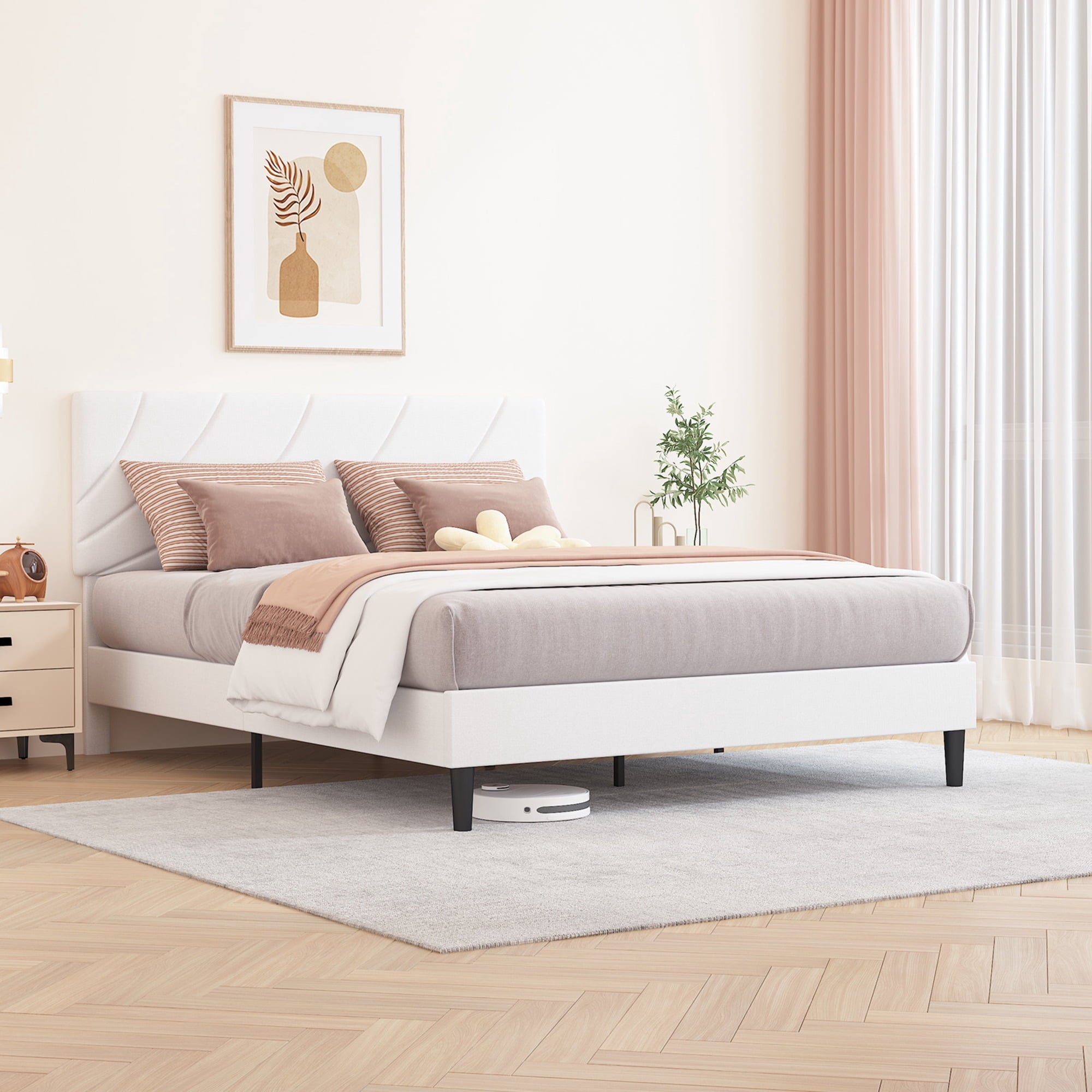 4 EVER WINNER Twin /Full/Queen/KIng Size Bed Frame, Upholstered Bed Frame with Headboard, No Box Spring Required, Easy AssemblyBEAX912-HLYHBED-White-Q-BEAX912