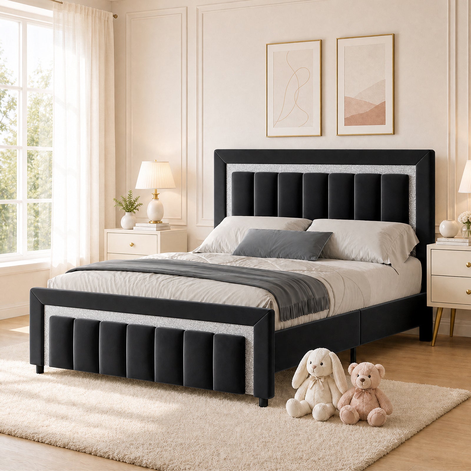 4 EVER WINNER Velvet Upholstered Platform Bed Frame with Diamond Headboard & Footboard, Twin/ Full/ Queen /King Size Bed Frame Wooden Slats Support No Box Spring Needed Easy Assembly, Black /White /Pink/ Blue /Green