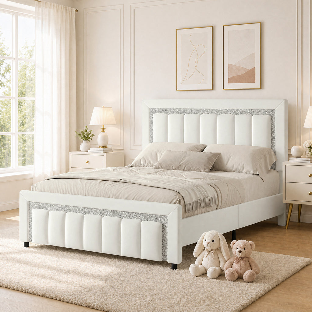 4 EVER WINNER Velvet Upholstered Platform Bed Frame with Diamond Headboard & Footboard, Twin/ Full/ Queen /King Size Bed Frame Wooden Slats Support No Box Spring Needed Easy Assembly, Black /White /Pink/ Blue /Green