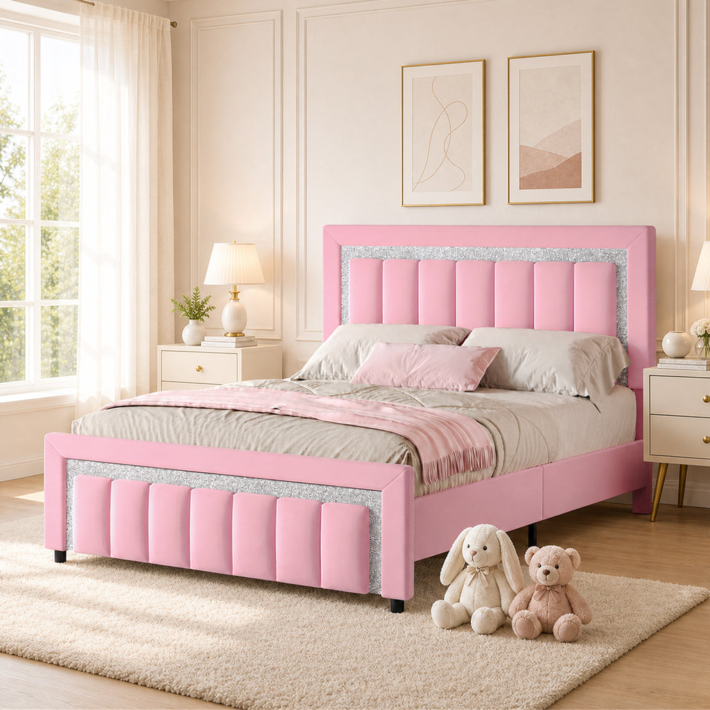 4 EVER WINNER Velvet Upholstered Platform Bed Frame with Diamond Headboard & Footboard, Twin/ Full/ Queen /King Size Bed Frame Wooden Slats Support No Box Spring Needed Easy Assembly, Black /White /Pink/ Blue /Green