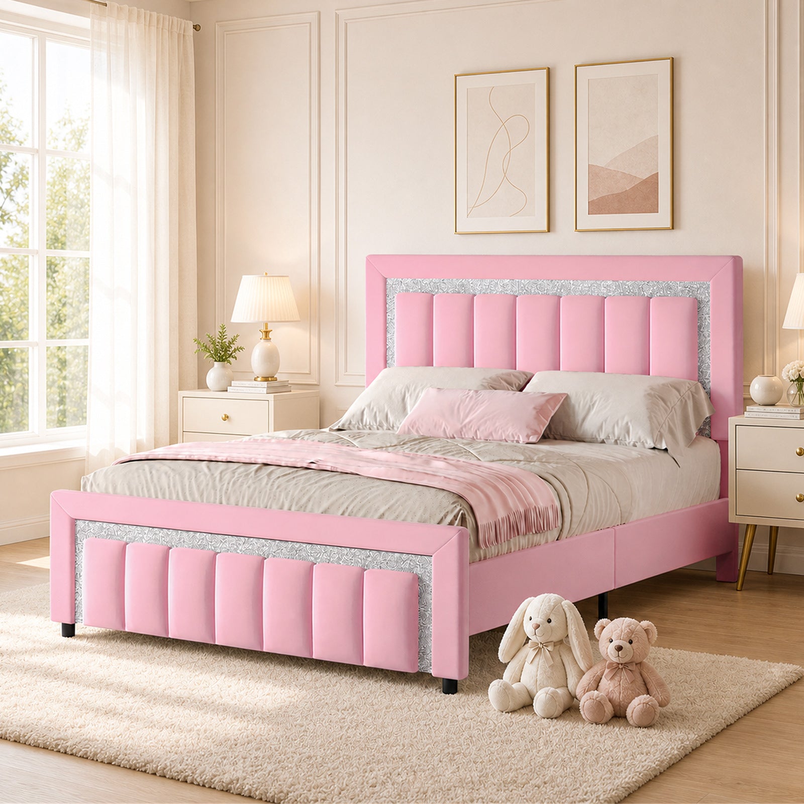 4 EVER WINNER Velvet Upholstered Platform Bed Frame with Diamond Headboard & Footboard, Twin/ Full/ Queen /King Size Bed Frame Wooden Slats Support No Box Spring Needed Easy Assembly, Black /White /Pink/ Blue /Green