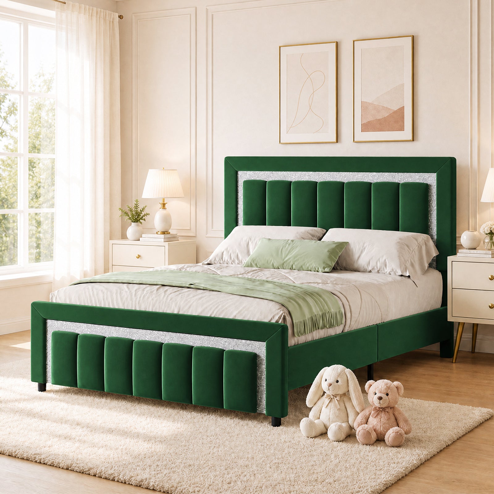 4 EVER WINNER Velvet Upholstered Platform Bed Frame with Diamond Headboard & Footboard, Twin/ Full/ Queen /King Size Bed Frame Wooden Slats Support No Box Spring Needed Easy Assembly, Black /White /Pink/ Blue /Green