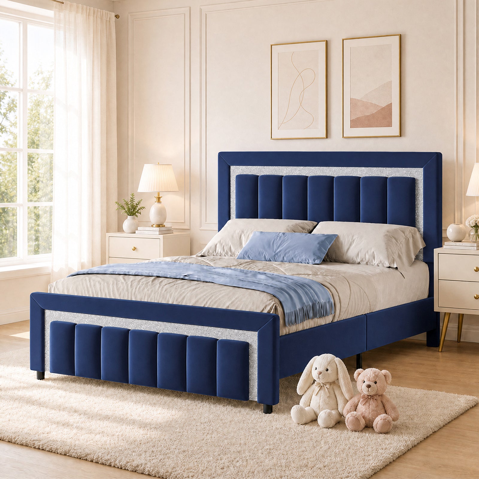 4 EVER WINNER Velvet Upholstered Platform Bed Frame with Diamond Headboard & Footboard, Twin/ Full/ Queen /King Size Bed Frame Wooden Slats Support No Box Spring Needed Easy Assembly, Black /White /Pink/ Blue /Green