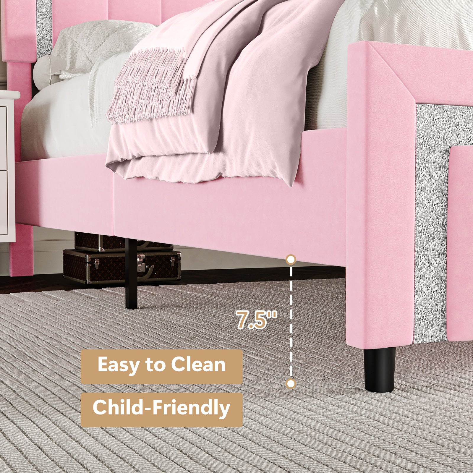 4 EVER WINNER Velvet Upholstered Platform Bed Frame with Diamond Headboard & Footboard, Twin/ Full/ Queen /King Size Bed Frame Wooden Slats Support No Box Spring Needed Easy Assembly, Black /White /Pink/ Blue /Green