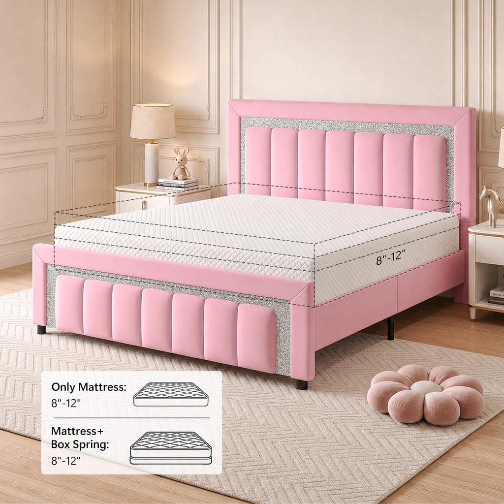 4 EVER WINNER Velvet Upholstered Platform Bed Frame with Diamond Headboard & Footboard, Twin/ Full/ Queen /King Size Bed Frame Wooden Slats Support No Box Spring Needed Easy Assembly, Black /White /Pink/ Blue /Green