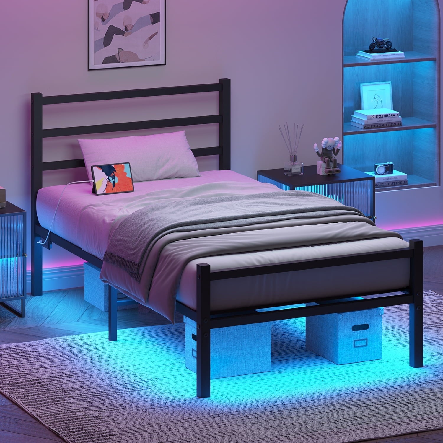 4 EVER WINNER Twin /Full/Queen/KIng Size Bed Frame, Upholstered Bed Frame with Headboard, No Box Spring Required, Easy AssemblyBEAX483-LEDmetal-BE0391
