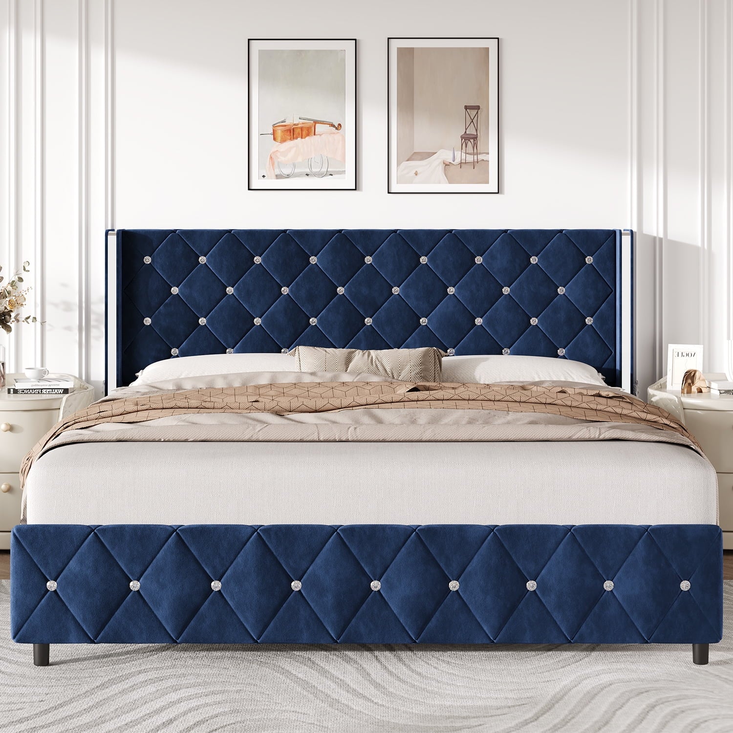 4 EVER WINNER Twin /Full/Queen/KIng Size Bed Frame, Upholstered Bed Frame with Headboard, No Box Spring Required, Easy AssemblyBEAX643-BedsilverBLK