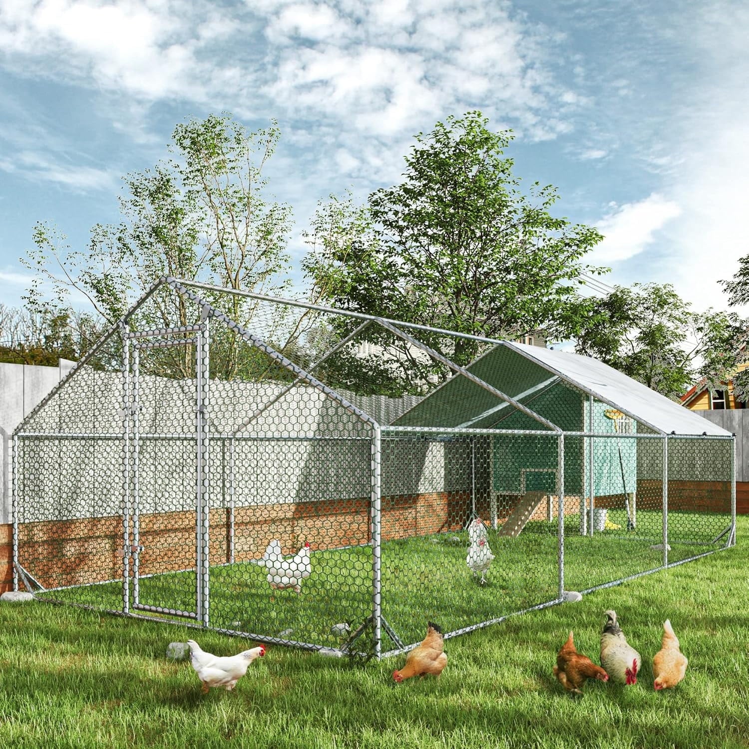 4 EVER WINNER Large Metal Chicken Coop, Walk-in Chicken Run with Reinforced Wire Mesh, Waterproof & Anti-UV Cover, Outdoor Poultry Cage for Chickens, Ducks & Rabbits, Backyard Farm PenPCAX029-Spire Roof-PCAX029