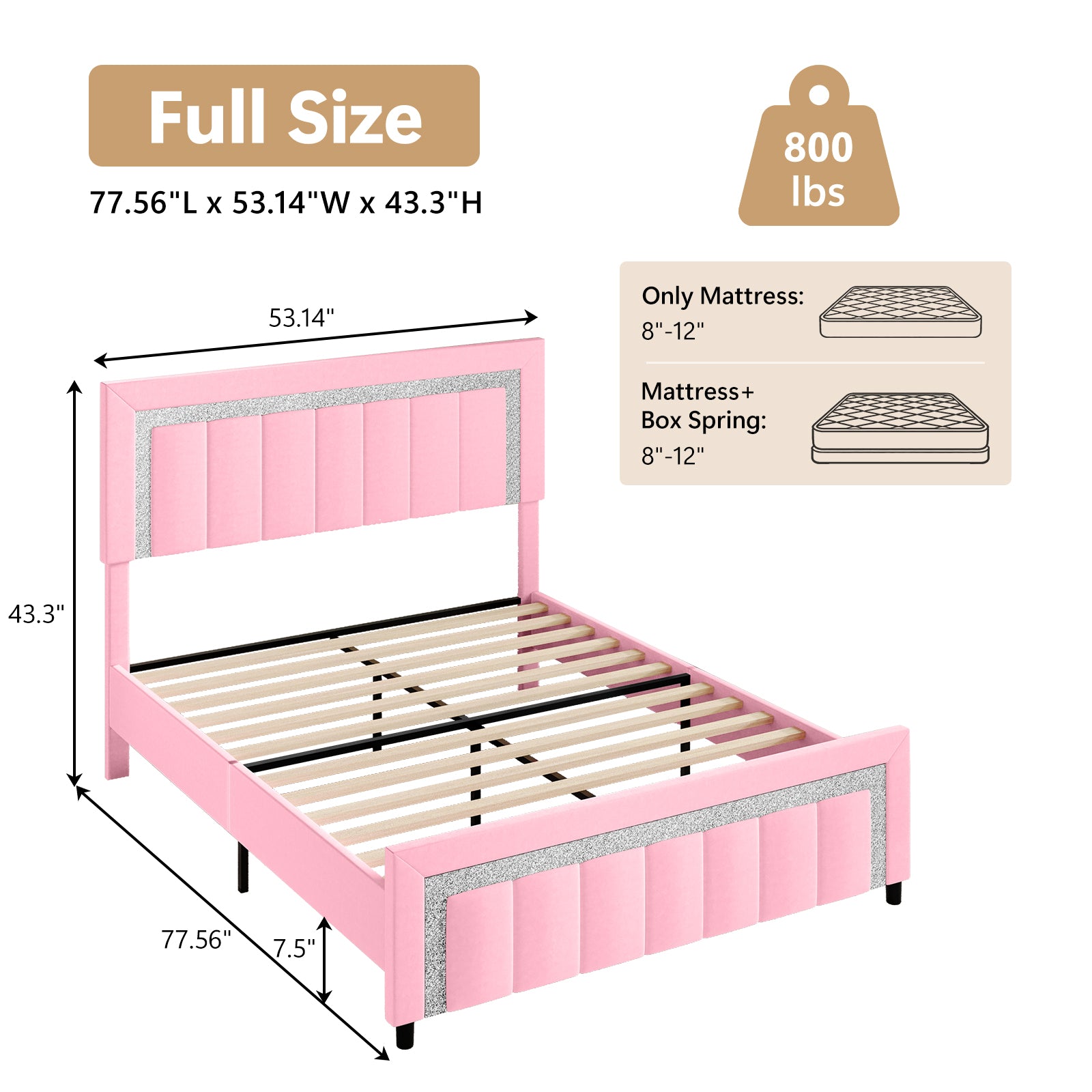 4 EVER WINNER Velvet Upholstered Platform Bed Frame with Diamond Headboard & Footboard, Twin/ Full/ Queen /King Size Bed Frame Wooden Slats Support No Box Spring Needed Easy Assembly, Black /White /Pink/ Blue /Green
