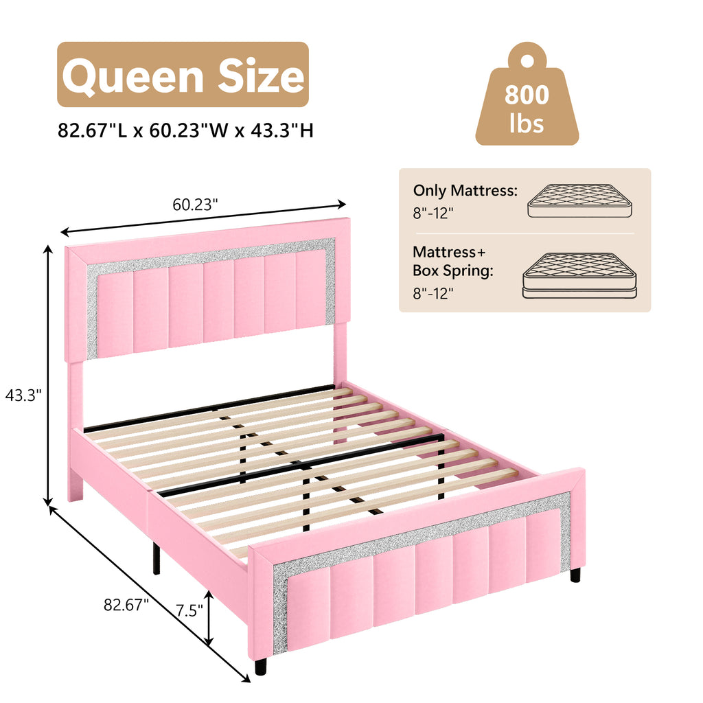 4 EVER WINNER Velvet Upholstered Platform Bed Frame with Diamond Headboard & Footboard, Twin/ Full/ Queen /King Size Bed Frame Wooden Slats Support No Box Spring Needed Easy Assembly, Black /White /Pink/ Blue /Green