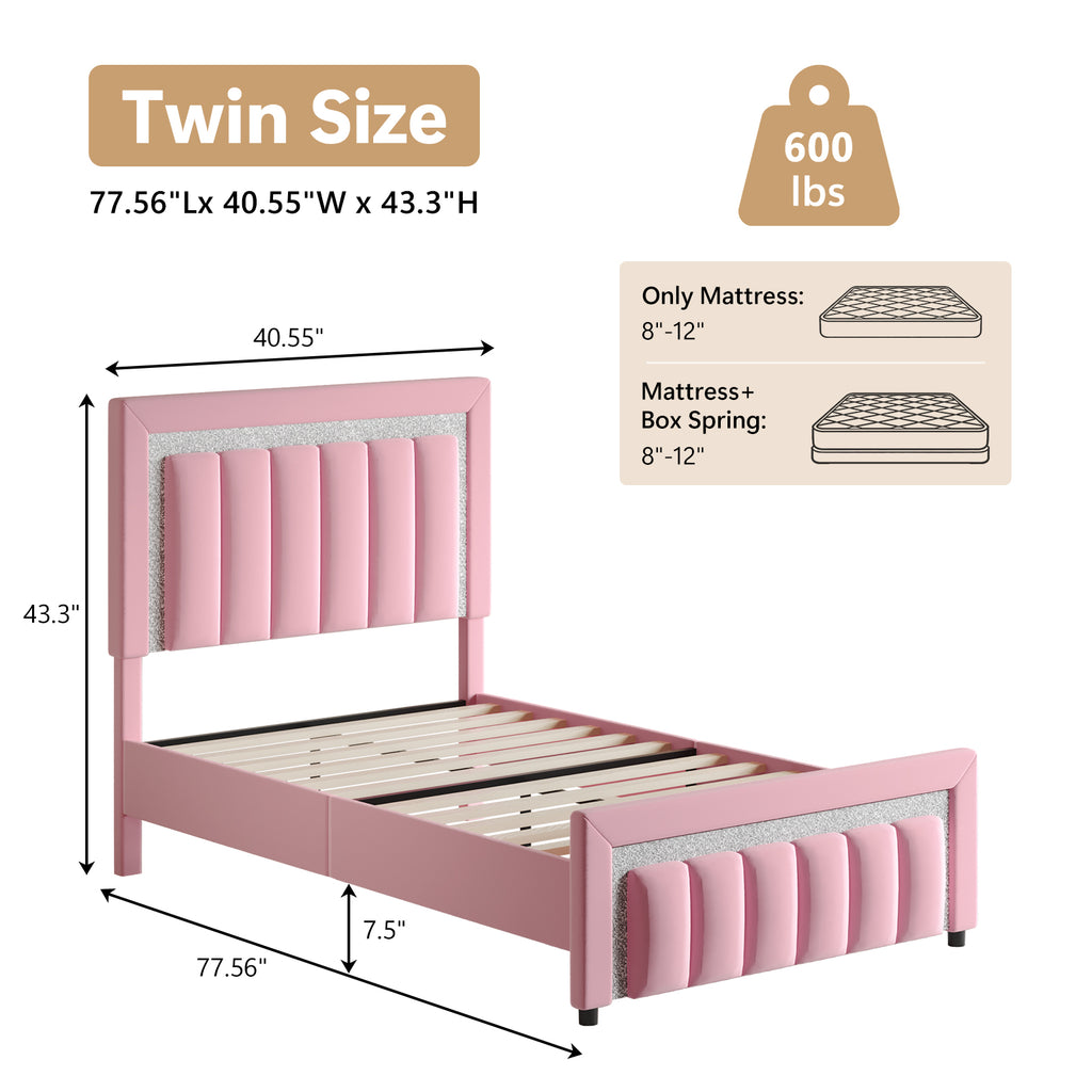 4 EVER WINNER Velvet Upholstered Platform Bed Frame with Diamond Headboard & Footboard, Twin/ Full/ Queen /King Size Bed Frame Wooden Slats Support No Box Spring Needed Easy Assembly, Black /White /Pink/ Blue /Green