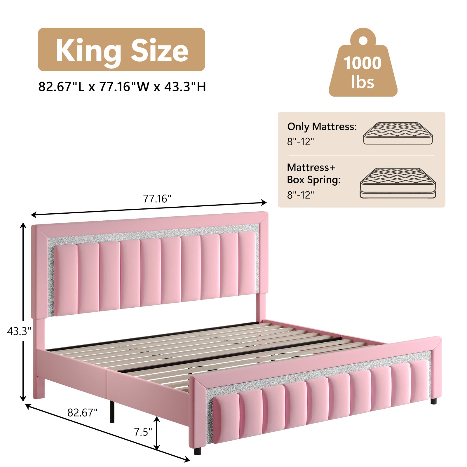 4 EVER WINNER Velvet Upholstered Platform Bed Frame with Diamond Headboard & Footboard, Twin/ Full/ Queen /King Size Bed Frame Wooden Slats Support No Box Spring Needed Easy Assembly, Black /White /Pink/ Blue /Green